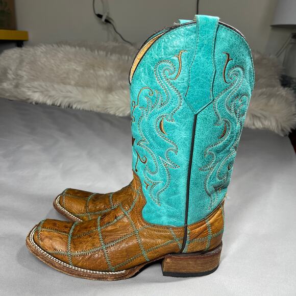 Vtg Circle G Boots Womens Sz 8.5M Western Square Toe Turquoise & Brown Cowgirl - Picture 6 of 16